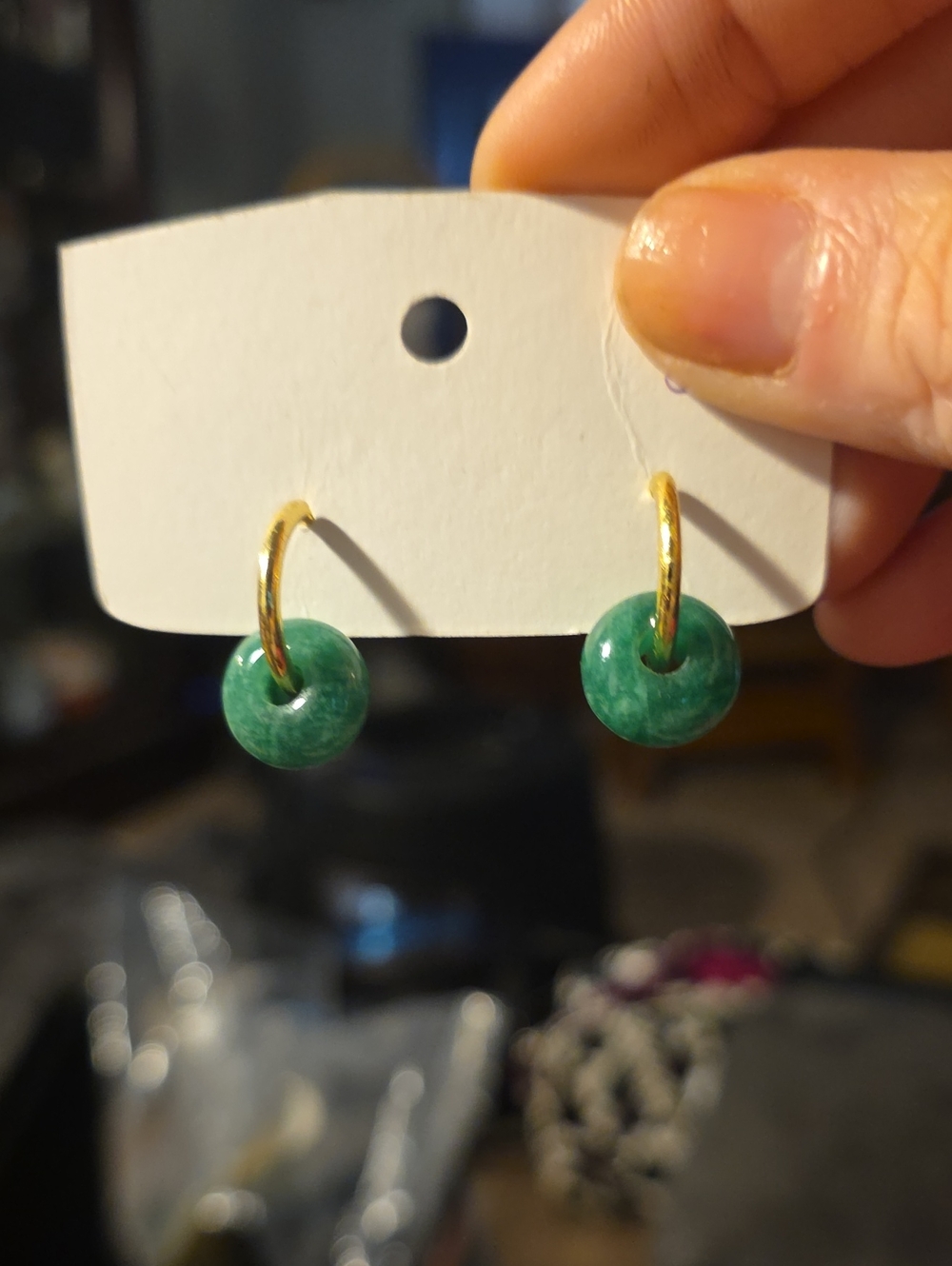 Gold Hoop Earrings with Green Jade Donut Drops